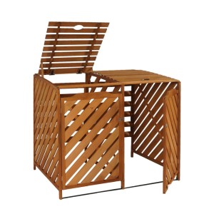 MCW Mülltonnenverkleidung J44 braun für 2 Tonnen, Holz mit Lattenmuster, Deckel geöffnet.