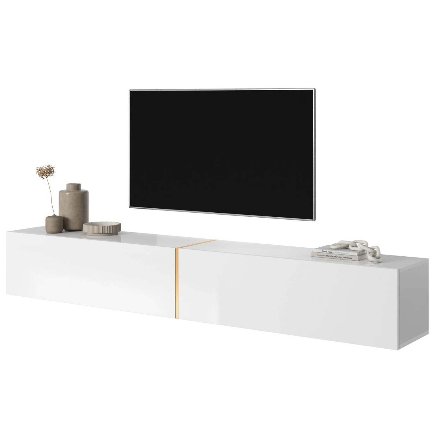 Weißes Selsey TV-Hängeboard Bisira 200 cm mit goldenem Einsatz, modern und platzsparend für TV-Zubehör.