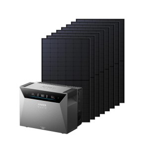 Anker Solix Solarbank E5000 Pro und 8 schwarze 500 W TopCon Solarpanels für Balkonkraftwerke.