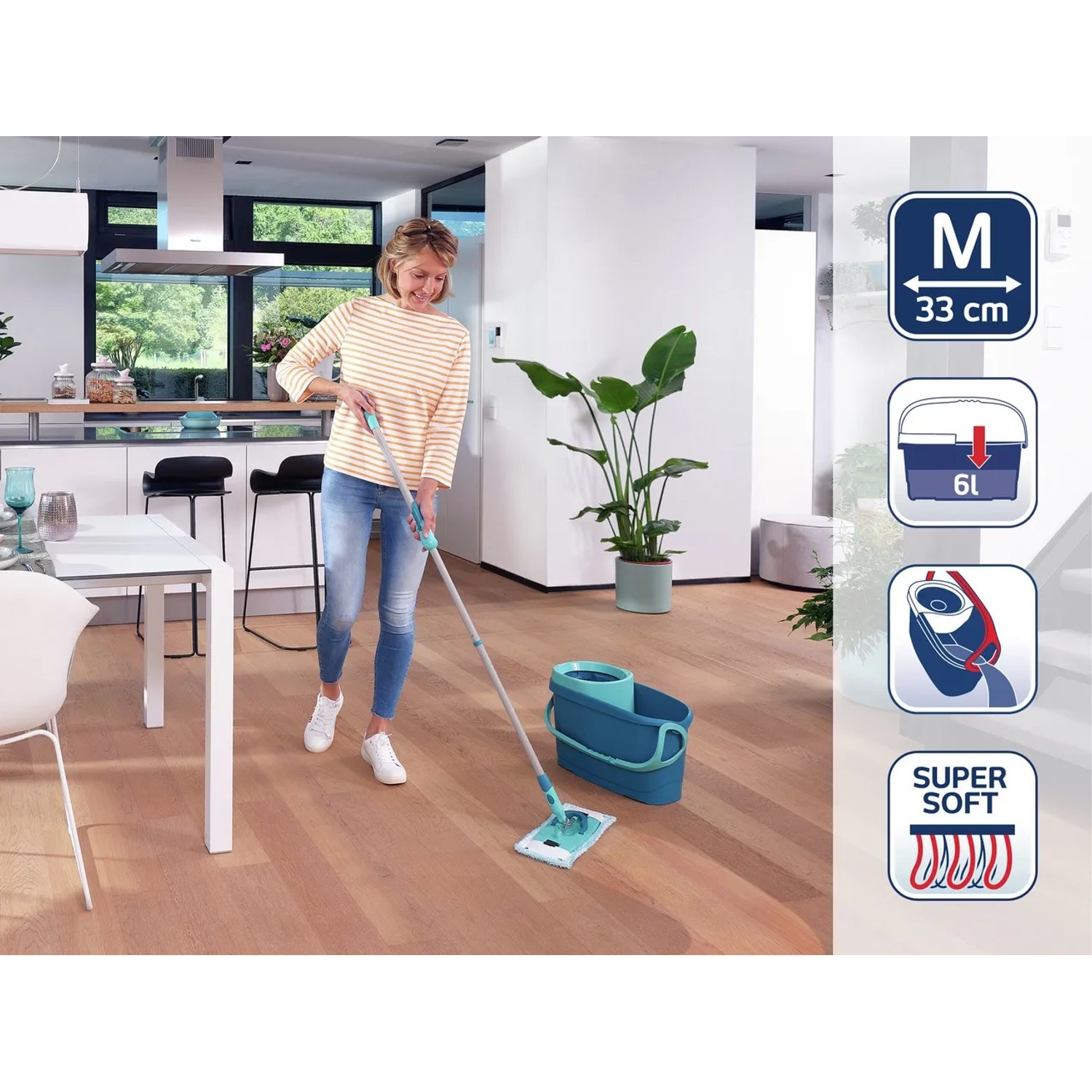 Frau wischt Boden mit Leifheit Clean Twist M Ergo Set (Eimer, Schleuder, Wischer).
