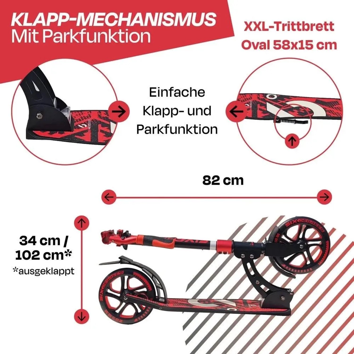 Six Degrees Aluminium Scooter mit Klappmechanismus und Ständer 205 mm Höhenverstellbar Racing Red Testsieger_7