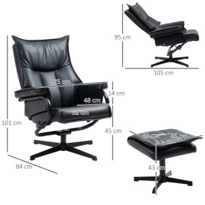 HOMCOM Relaxsessel mit Hocker Kunstleder Stahl Mehrschichtenplatte Schwarz