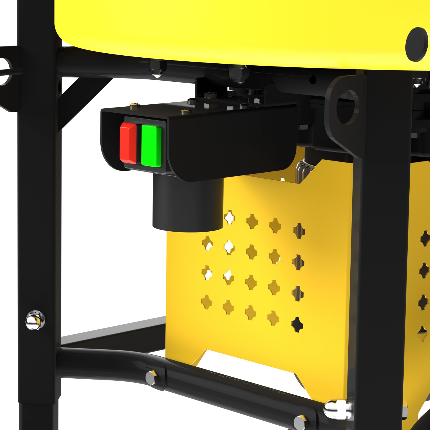 Detailaufnahme: Güde Zwangsmischer GZM 120, gelb-schwarz, mit Bedienelementen.