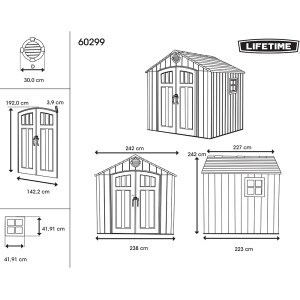 Skizze: Lifetime Kunststoff-Gerätehaus Mars Grau 5,5 m² mit Maßangaben.