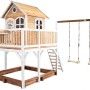 Axi Liam Spielhaus mit Doppelschaukel, braun-weiß mit Rutsche. Holzspielhaus mit Sandkasten und Schaukel.