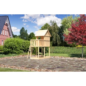 Karibu Kinderspielhaus Frieda Set aus naturbelassener Fichte mit Anbau.