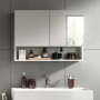 Heller, grauer Spiegelschrank (74x55x17cm) mit zwei Spiegeltüren und Ablage im Badezimmer.