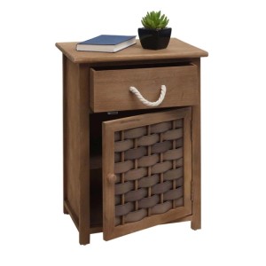 Dunkelbraune Kommode mit Polyrattan-Tür, Schublade und zwei Fächern.