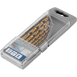 LUX TIN Spiralbohrer-Set Comfort, 6-teilig im grauen Kasten. Goldene Bohrer unterschiedlicher Größe.