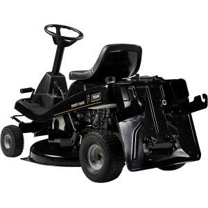 Schwarzer Texas Rasentraktor Rider 7600E 3-in-1 mit Sitz und Fangkorb.