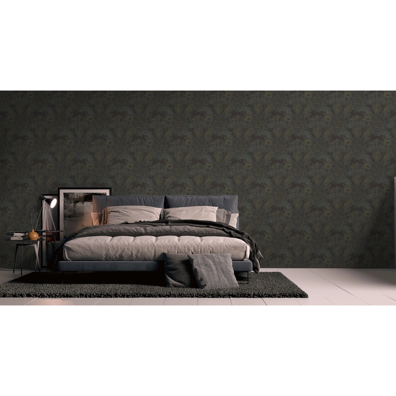 Schlafzimmer mit AS-Creation Vliestapete Ornament in Schwarz und Blau.