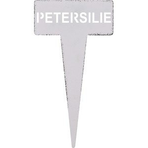 Weißer Kräuterstecker aus Metall, 15 cm, mit Schriftzug "Petersilie" für Gartendekoration.