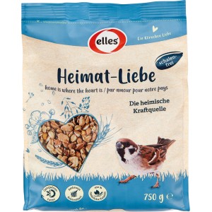 Verpackung Elles Heimat-Liebe Wildvogelfutter 750g mit Herzform und Spatz.