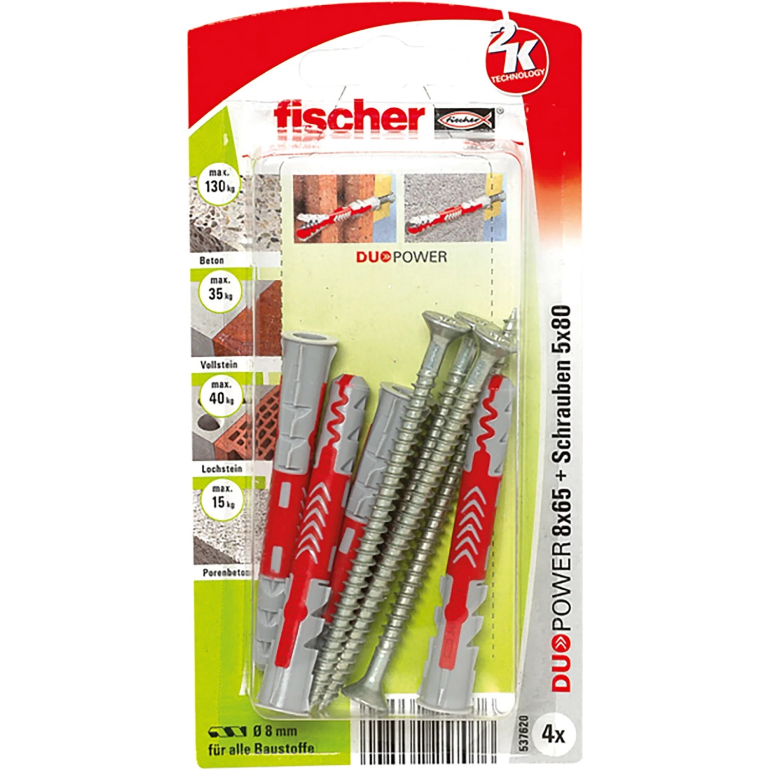 Fischer Duopower 8x65 Dübel mit Schrauben, 4er-Set. Universaldübel für sichere Befestigungen.