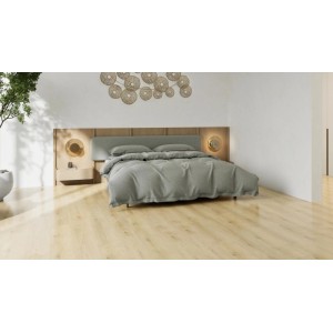 Klebe-Vinylboden Sandro Oak Eichenoptik, Lang- und Breitdiele, hell, in modernem Schlafzimmer.