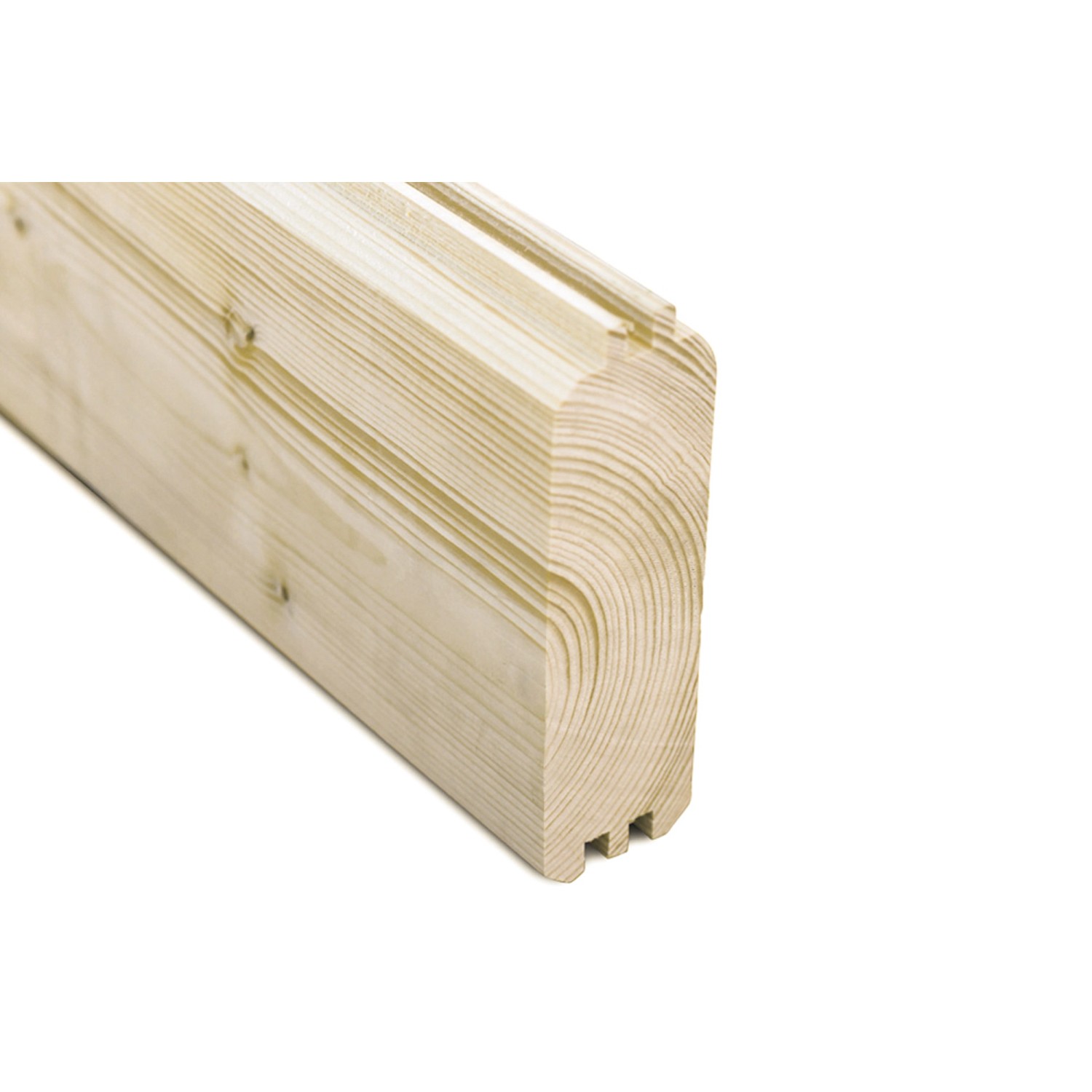 Detailaufnahme einer Blockbohle aus Fichtenholz für ein Skan Holz Gartenhaus.