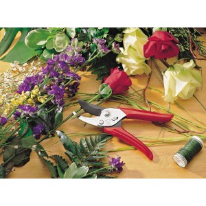 Wolf-Garten 2-Schneidige Gartenschere RR-EN mit Blumen und Bindedraht auf Holztisch.