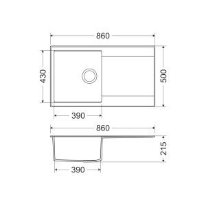 Technische Zeichnung der Miló Einbauspüle Palladio 86 Sand aus Granitverbundstoff mit Maßangaben.