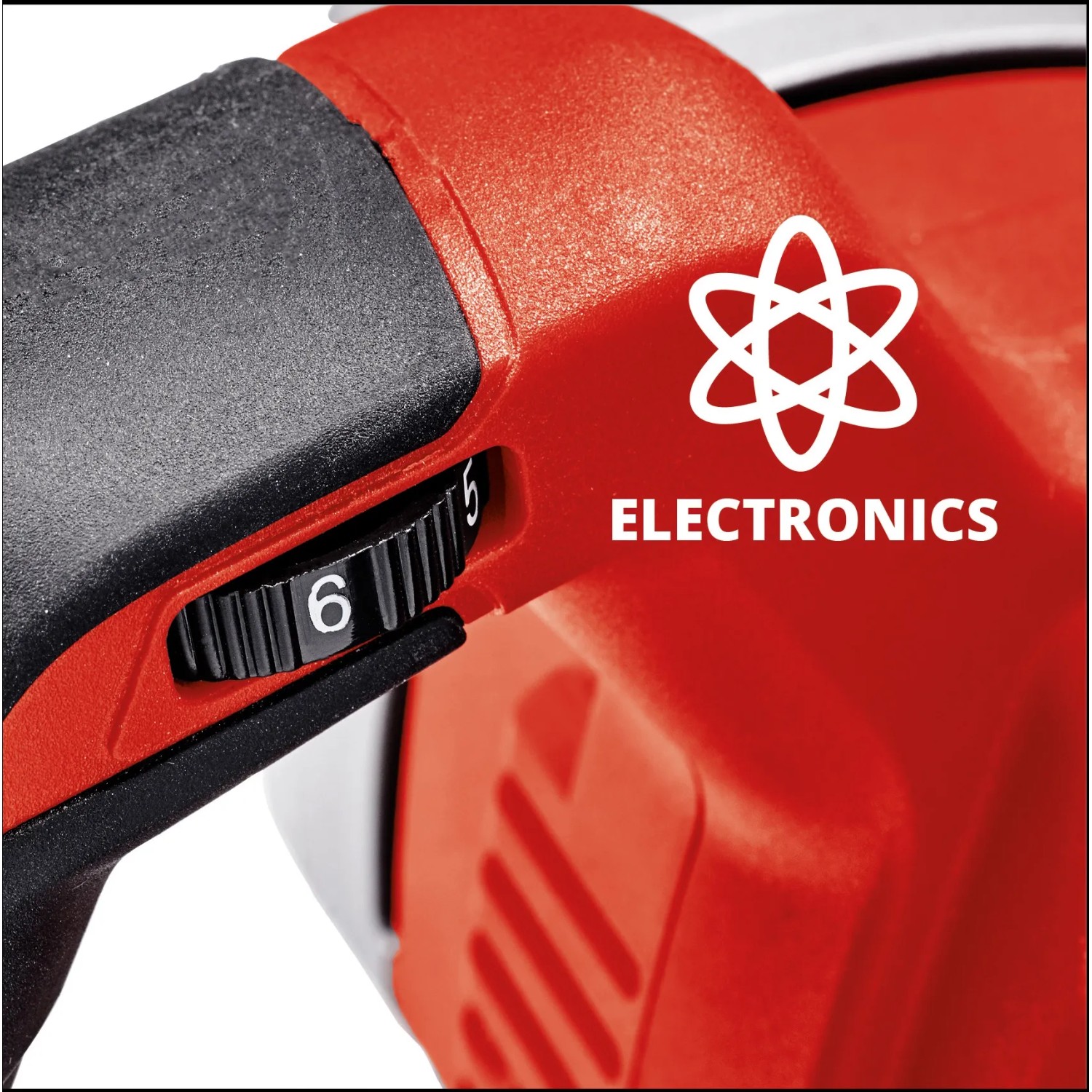 Detailaufnahme: Einhell TE-MX 18 Li Akku-Farbmörtelrührer mit Drehzahlregler und Elektronik-Symbol.