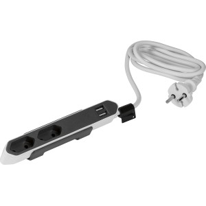Euro Steckdosenleiste Power Bar mit 2 USB-Ports, weiß/schwarz, für Tischmontage.