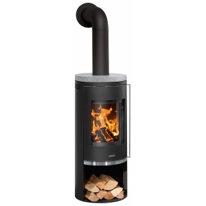 Justus Kaminofen Faro 2.0, Stahl schwarz mit Sandstein grau, 6 kW, Energieeffizienzklasse A+.