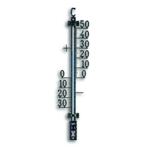 Schwarzes TFA Außenthermometer aus Metall zum Aufhängen. Temperaturanzeige in Grad Celsius.