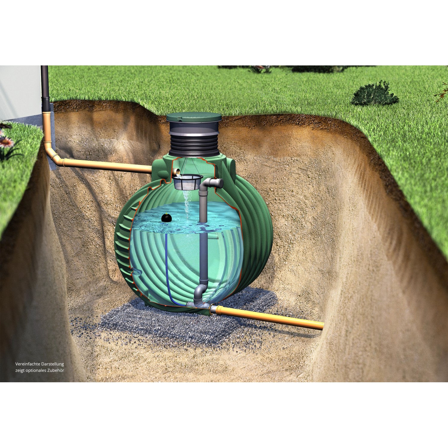 Garantia Retentionszisterne Columbus 3700 L, Erdtank mit Domschacht und PE-Deckel, eingebaut im Garten.