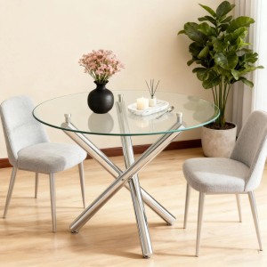 okwish Esstisch mit Glas Metall Wohnzimmer Rundtisch 80x80x76cm Silberfarben