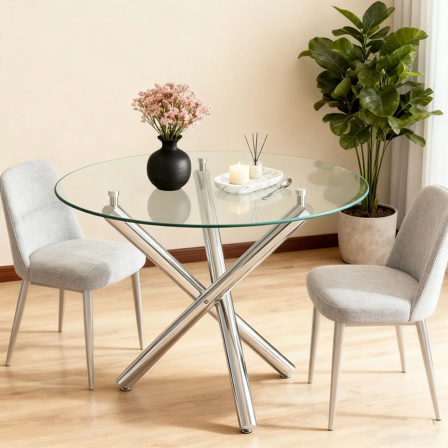 okwish Esstisch mit Glas Metall Wohnzimmer Rundtisch 80x80x76cm Silberfarben_2