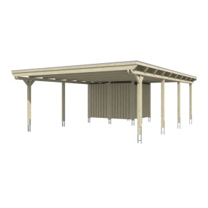 Skan Holz Doppelcarport Emsland mit Flachdach und Abstellraum aus naturbelassenem Holz.