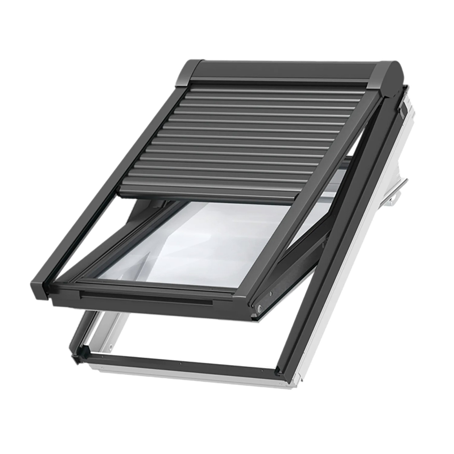 Geöffnetes Dachfenster mit grauem Elektro-Rollladen Modular CK04 aus Aluminium.