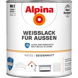 Alpina Weißlack für Außen, seidenmatt, 2 Liter Dose. Wetterfester Lack für Gartenmöbel und mehr.