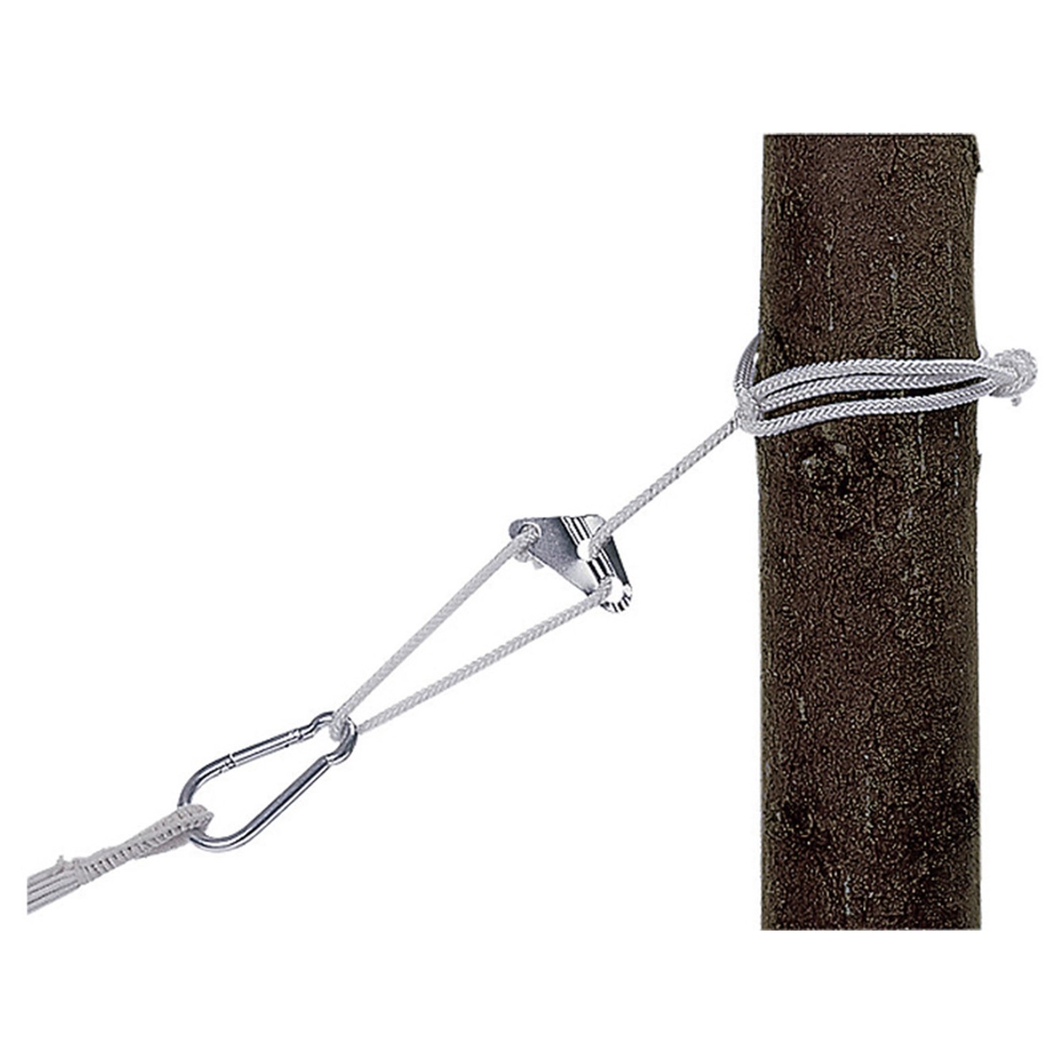 Weißes Amazonas Seil Smartrope mit Karabinerhaken zur Befestigung von Hängematten.