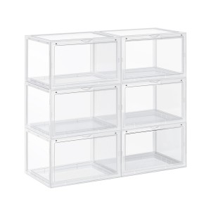 6 transparente Songmics Schuhboxen (28x36x22cm), stapelbar, für Schuhkommoden.