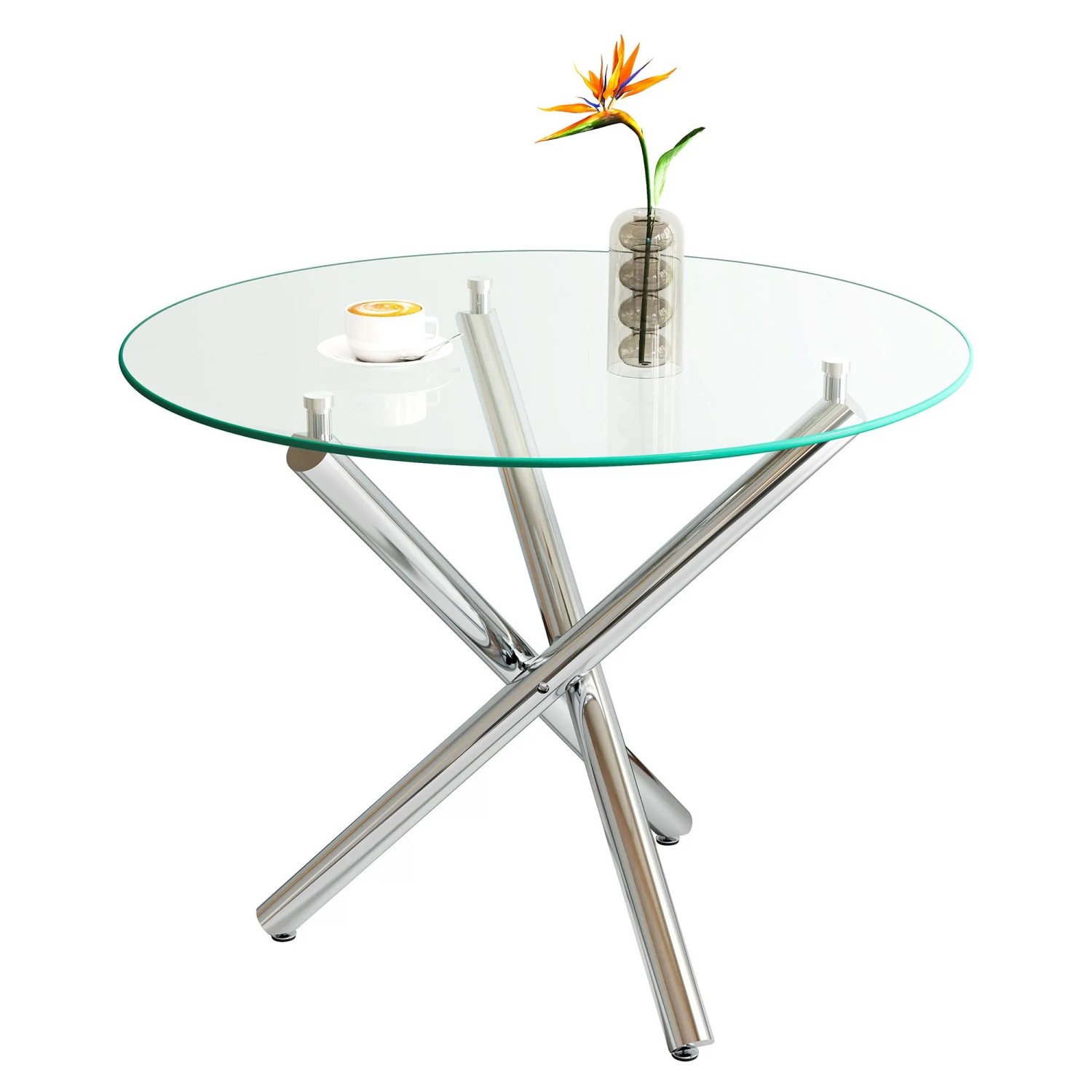 okwish Esstisch mit Glas Metall Wohnzimmer Rundtisch 80x80x76cm Silberfarben_9