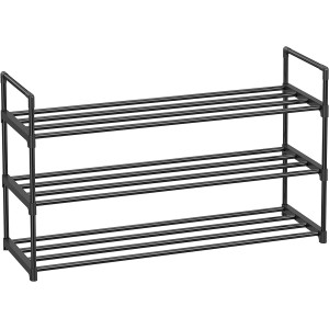 Schwarzes Songmics Metallregal mit 3 Ebenen für Schuhe, 30x92x54 cm.