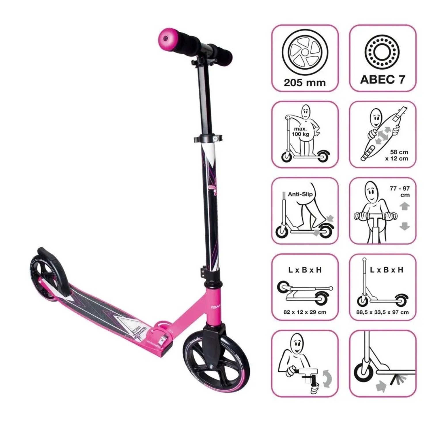 Pinker Muuwmi Aluminium Scooter Tretroller, 205 mm Räder, ABEC 7, höhenverstellbar, klappbar für Kinder & Erwachsene.