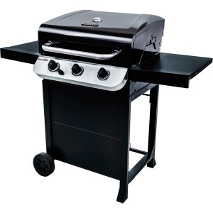 Schwarzer Char-Broil Gasgrill Convective 310 B mit 3 Brennern und Seitenablagen.