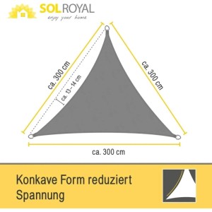 Graues, dreieckiges Sol Royal Sonnensegel SolVision PS9 3x3x3m mit Befestigungsringen.