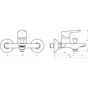 Technische Zeichnung: Schütte Badewannenarmatur Vico Chrom mit Maßangaben.