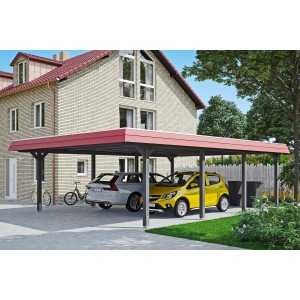 Skan Holz Doppelcarport Wendland in Schiefergrau mit roter Blende und zwei geparkten Autos.