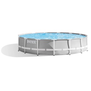 Grauer Intex Frame Pool-Set Prism Rondo, Ø 457 cm x 107 cm, gefüllt mit Wasser.