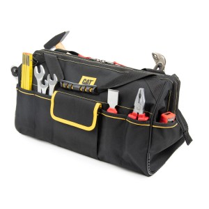 Cat Werkzeugtasche, 50 cm, schwarz-gelb, gefüllt mit Werkzeugen wie Hammer, Schraubenschlüssel und Zange.