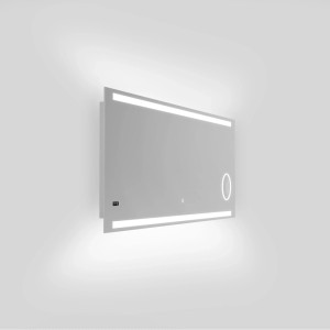 Rechteckiger DSK Design LED-Lichtspiegel Silver Conde 160x60 cm mit beleuchteten Rändern, Kosmetikspiegel, Digitaluhr, Touchsensor.