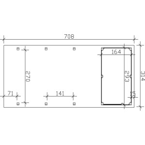 Skizze Carport Friesland Set 2, schiefergrau, mit Maßen 314 x 708 cm und Geräteschuppen.