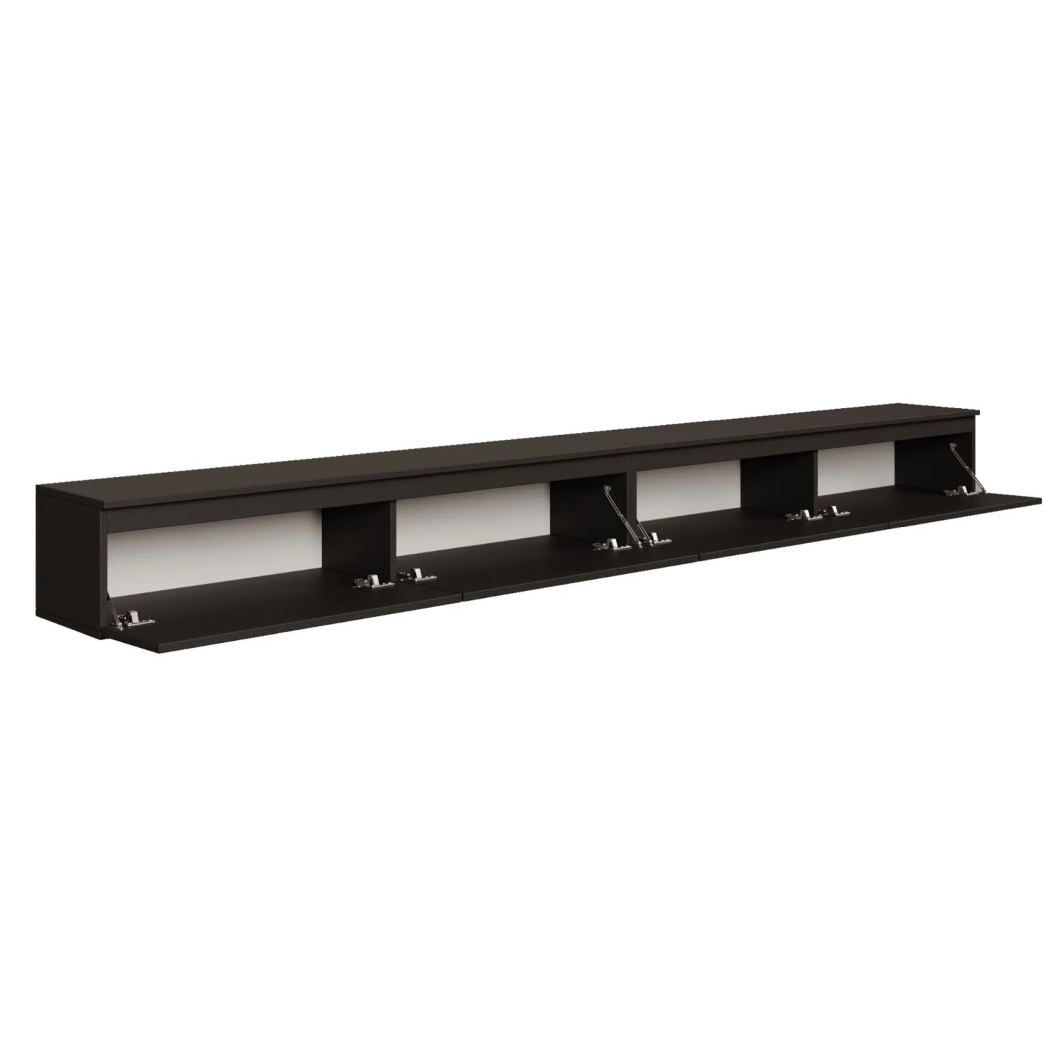 Schwarzes Selsey TV-Hängeboard Bemmi, 300 cm, matt, mit vier Klappen, zwei davon geöffnet und hellem Innenraum.