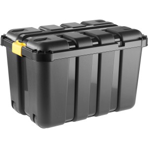 Schwarze Aufbewahrungsbox BoxOne mit Deckel, 4 Rollen und 140 l Fassungsvermögen.