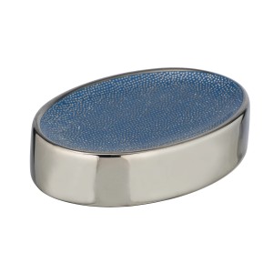 Ovale Wenko Seifenablage Nuria in Silber/Blau aus Keramik für Bad & Küche.