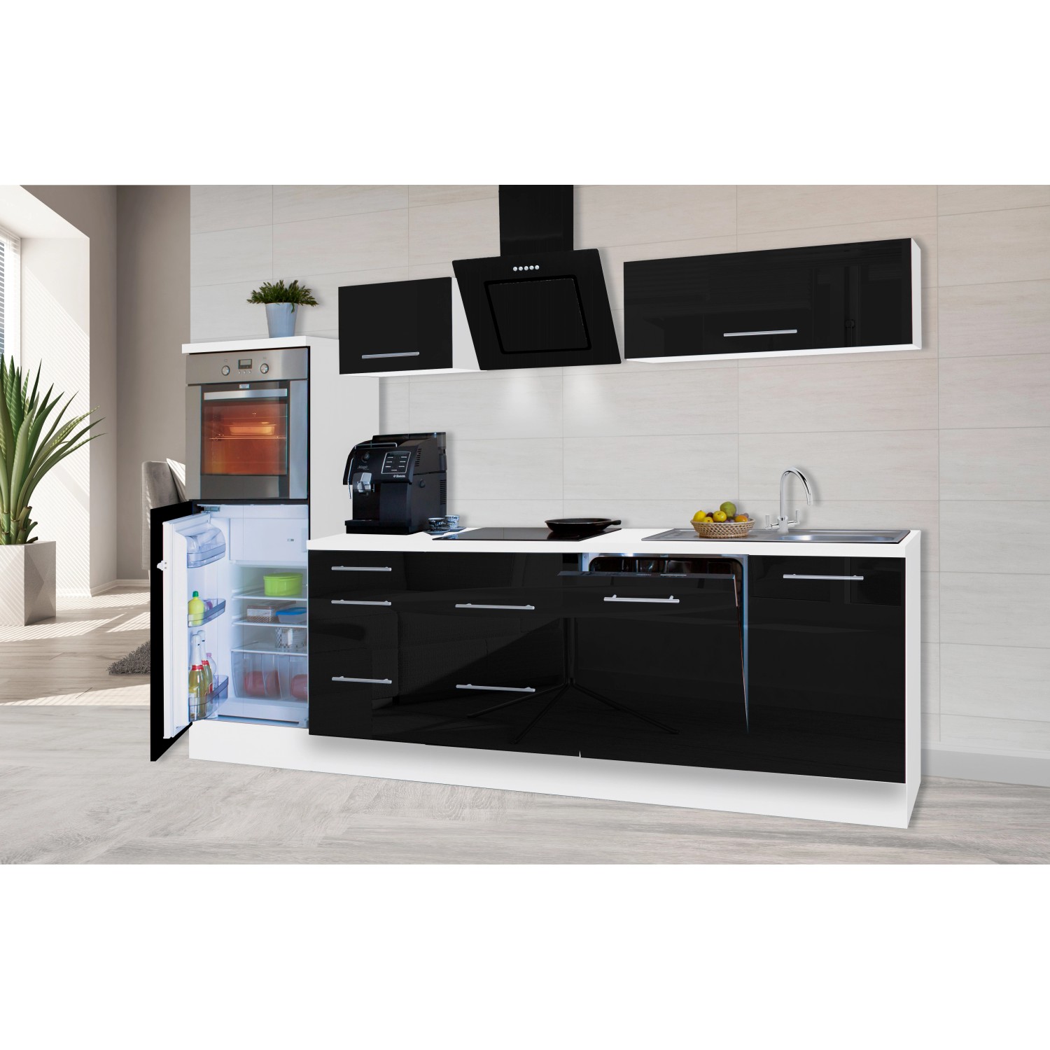 Respekta Premium Küchenzeile 280 cm in Schwarz Hochglanz/Weiß mit E-Geräten.