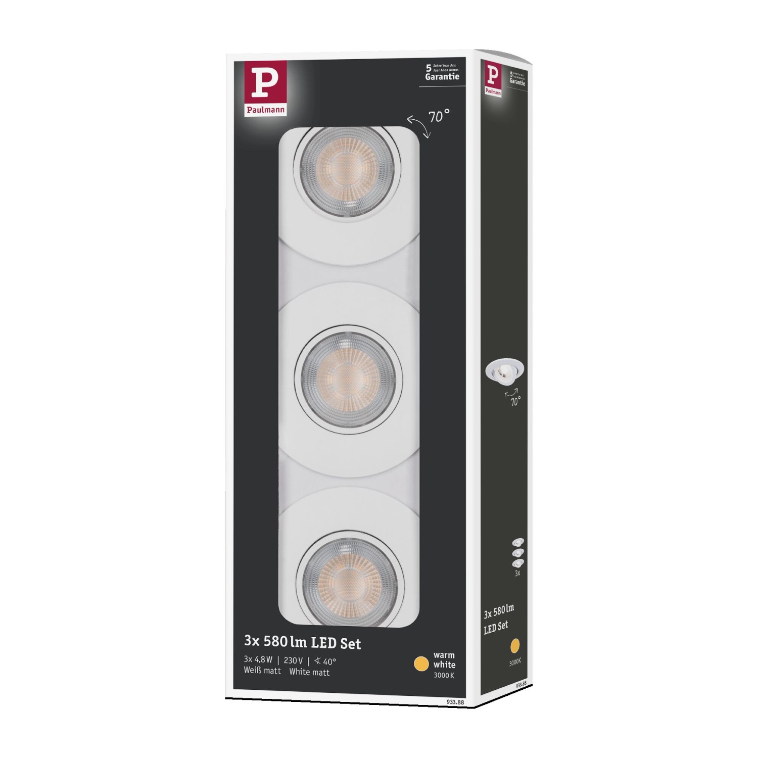 Verpackung: Paulmann LED-Einbaustrahler 3er Set, weiß, schwenkbar.